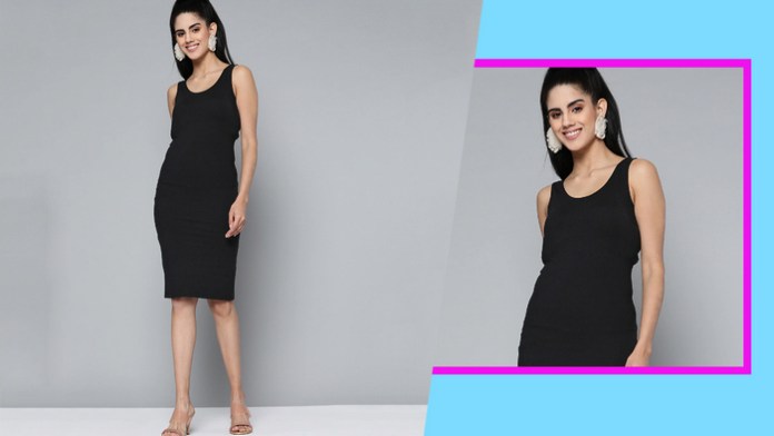 Black Solid Sheath Styled Back Dress